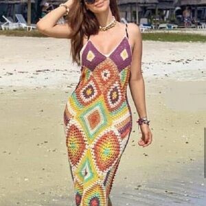 ZARA WOMAN NEW 2019 V-NECK COLORFUL CROCHETED DRESS REF: 8837/001